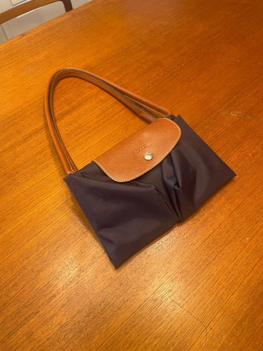 Longchamp Navy Nylon Tote with Brown Leather Trim - Picture 6 of 6